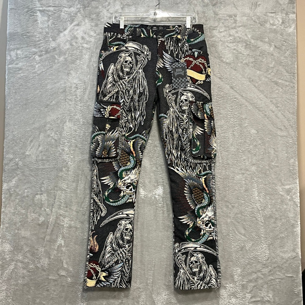 Rebel Vengeance Cargo Pants Mens 30 Black Grim Reaper Tapestry Woven Streetwear